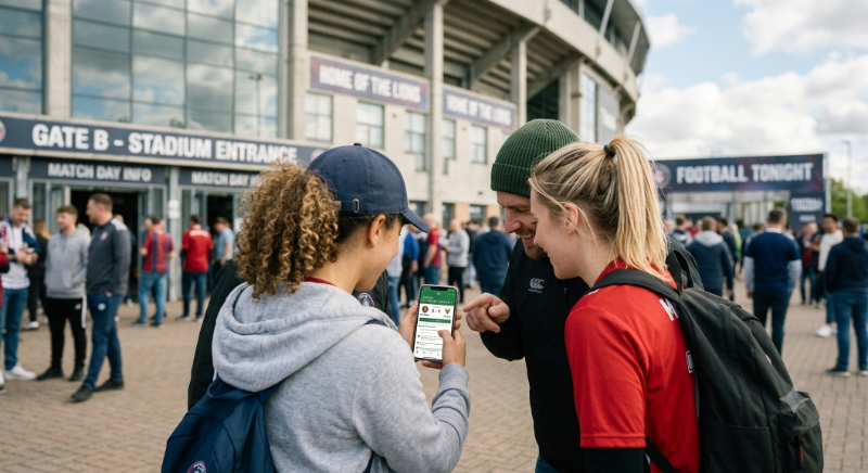 Fans checking the Fango app on WhatsApp outside the stadium gate on match day